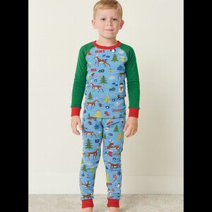 Kids Winter Moose Print Pajama Set – Blue Top & Pants with Green Sleeves – Cozy